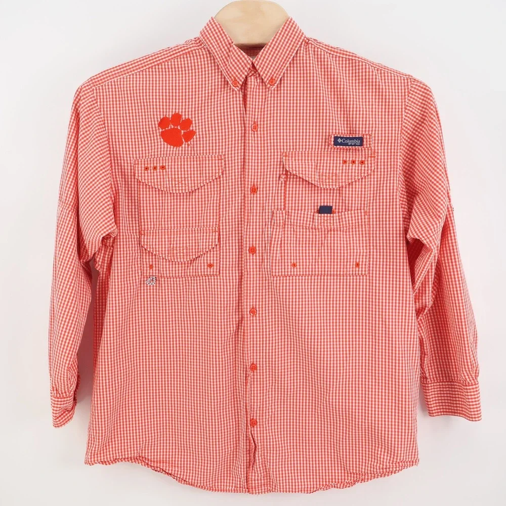 Clemson Tigers‎ Columbia Super Bonehead Gingham Long Sleeve Shirt Orange Mens M
